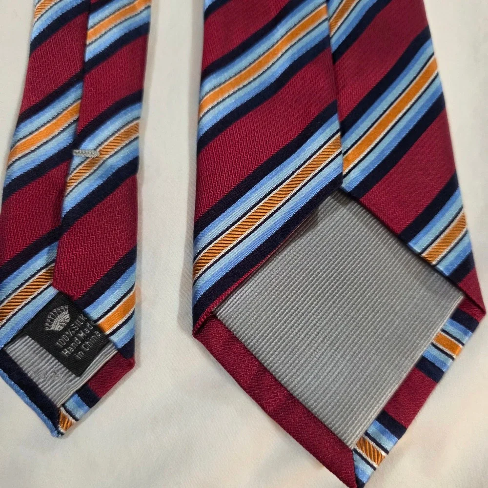 Countess Mara Mens Silk Necktie Burgundy Blue Orange Striped Handmade Crown Logo